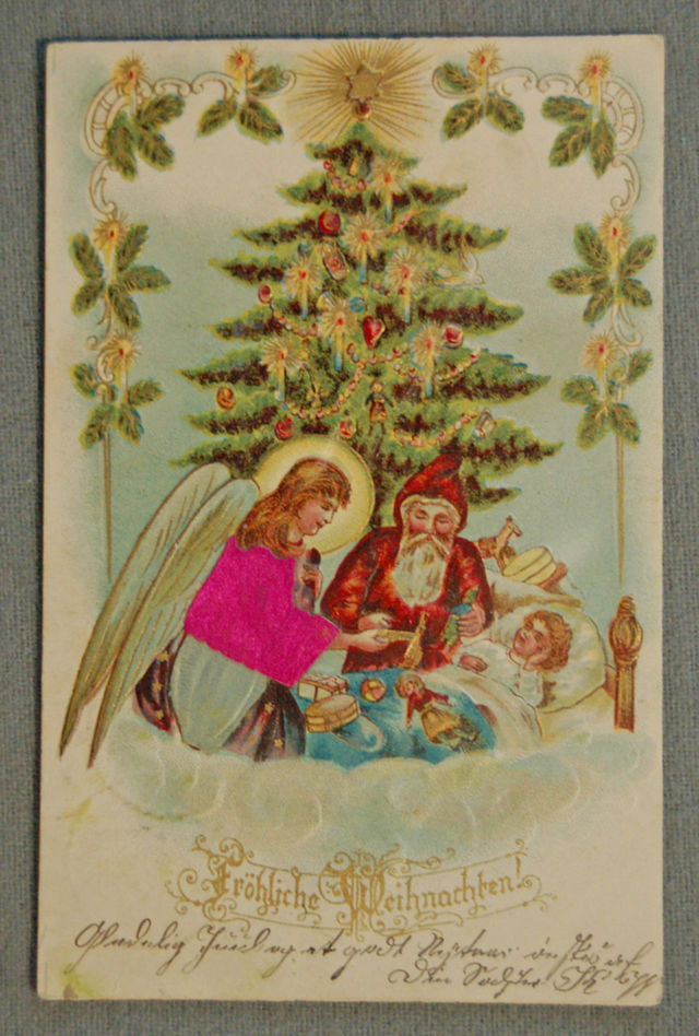 Postcard, Christmas in Switzerland, 1900, Samichlaus, Father Christmas Saint Nicolas and an angel